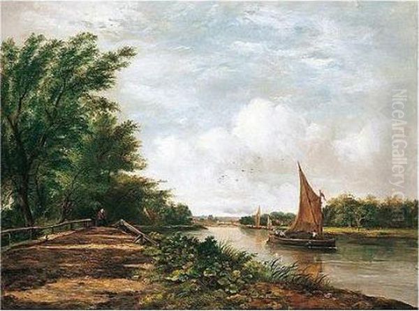 Barges On A River In A Wooded Landscape - view 1