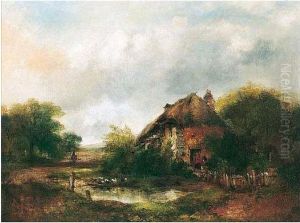A View With A Cottage And Ducks On A Pond by Frederick Waters Watts