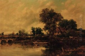 An Extensive Wooded River 
Landscape With Figures In A Punt And A Horse And Cart On A Bridge, A 
Village Beyond by Frederick Waters Watts