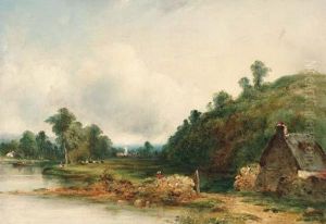 Figures By A River In A Wooded Landscape by Frederick Waters Watts