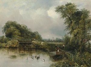 A Wooded River Landscape With A Barge By A Lock, A Villagebeyond by Frederick Waters Watts