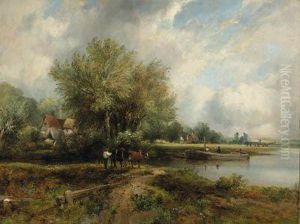 A Wooded River Landscape With A Barge And Cottages
