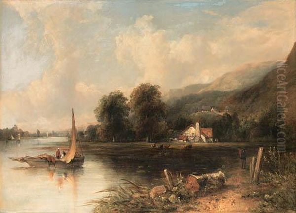 An Extensive Wooded River 
Landscape With Fishermen In Theforeground And Cattle And A Cottage 
Beyond - view 1