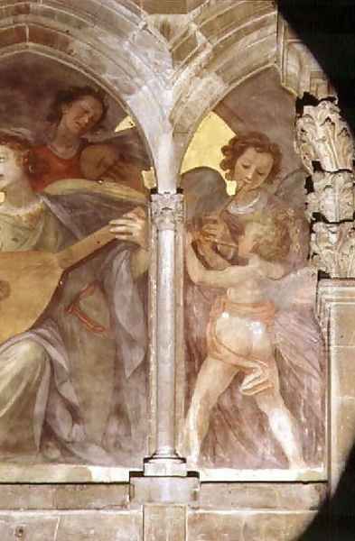 Musical angels with a trompe loeil cloister, detail of cherub playing a flute, from the interior west facade - view 1
