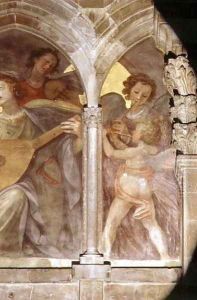 Musical angels with a trompe loeil cloister, detail of cherub playing a flute, from the interior west facade by Santi Di Tito