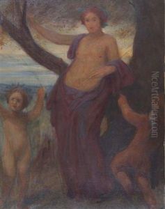 A Semi Clad Female With Two Putti At The Foot Of A Tree In A Landscape by George Frederick Watts