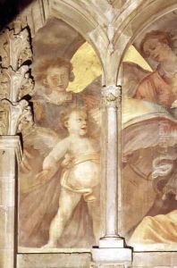 Musical angels within a trompe loeil cloister, detail of a singing cherub, from the interior west facade