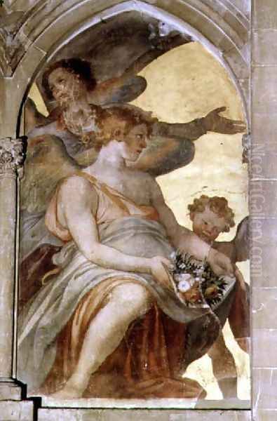 Musical angels within a trompe l'oeil cloister, detail of a seated angel holding flowers, from the interior west facade - view 1