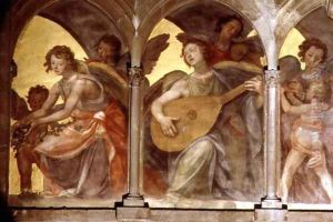 Musical angels within a trompe loeil cloister, from the interior west facade 2 by Santi Di Tito