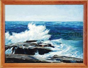 Coastal Scene Shows Wavescrashing Onto Coastal Rock Ledge Under A Light Blue Sky by Frederick Judd Waugh