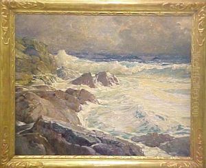 Marine Scene With Waves Crashing On Rocky Shoreline