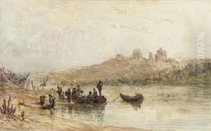 Figures Disembarking From A Ferry Below Castle Ruins