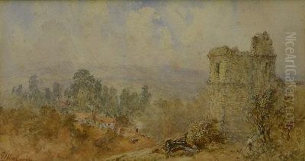 Ruined Tower With Cottages In The Distance - view 1