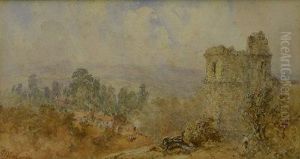 Ruined Tower With Cottages In The Distance