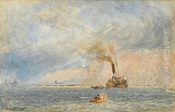 A Crowded Excursion Steamer Inshore Below Acliff, With Small Craft Coming Out To Her - view 1