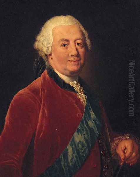 Portrait of a gentleman, half-length, wearing a red coat with a blue order sash, holding a baton - view 1