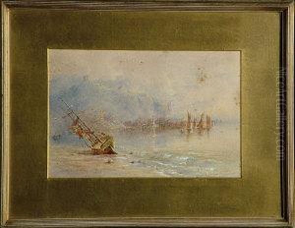 A Ship Aground On The Beach
Before Scarborough With The Fishing Fleet And The Harbour In The
Middle-distance. - view 1