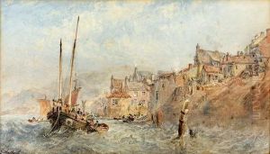 Kustenpartie Mit Kleiner Hafenstadt.