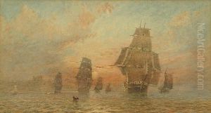 Ships Off The Coast At Sunset by George Weatherill