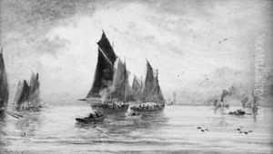 The Fishing Fleet Becalmed Off Whitby; And Unloading The Day'scatch by George Weatherill