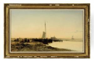 Holland: Boats Moored On A Calm River by James Webb