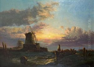 Kustenlandschaft Mit Muhlen Und Fischerboot Kustenlandschaft Mit Muhlen Und Fischerboot