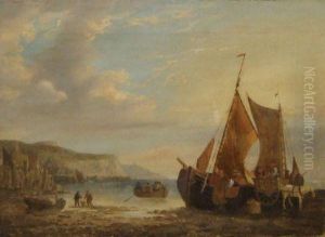 Coastal Scene With Figures And Boats by James Webb
