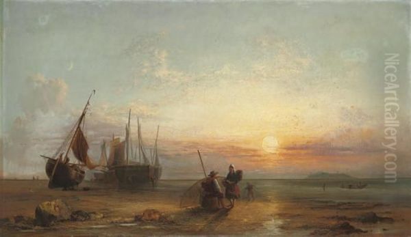 Fisherfolk On The Coast At Sunset - view 1