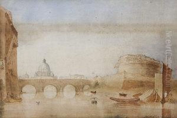 View Of The Tiber With Castel St-angelo And St. Peters In Thebackground - view 1