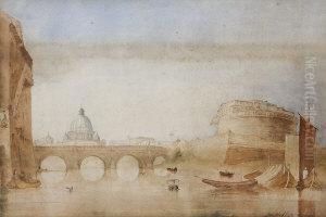 View Of The Tiber With Castel St-angelo And St. Peters In Thebackground by James Webb