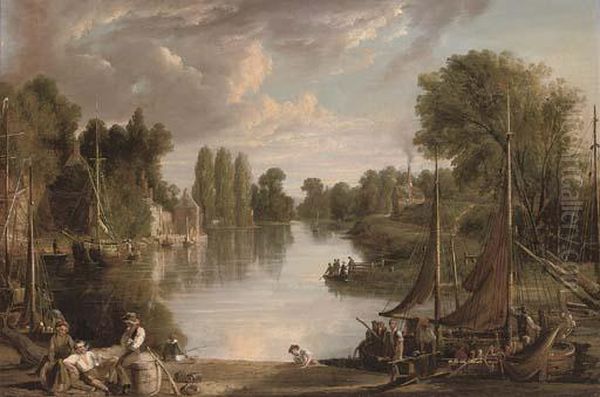 A River Landscape At Dusk, With Figures Unloading A Barge In The Foreground - view 1