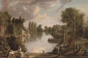 A River Landscape At Dusk, With Figures Unloading A Barge In The Foreground