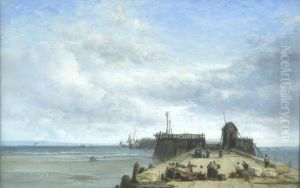 Coastal Scene With Figures On A Jetty Signed 9 X 14in