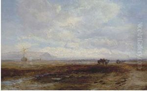 A Marshy Landscape With A Beached Boat In The Distance by James Webb