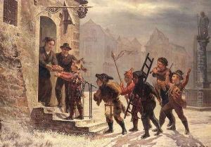Children collecting fruit at the door by Leopold Till