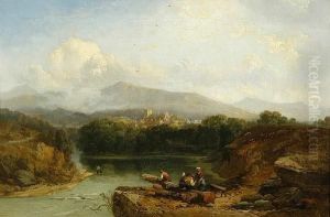 Figures Looking Across A River With Town And Mountains Beyond