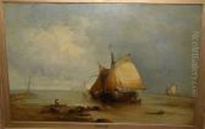 A Dutch Estuary Scene With
Coastal Craft And A Figure On The Shore, Signed 'jas Webb', Oil On
Canvas by James Webb