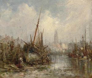 A Harbour Crowded With Fishing Boats At Low Tide