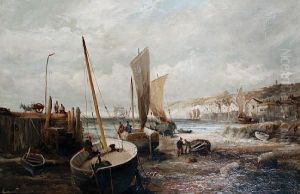 A Busy Harbour Scene At Low Tide