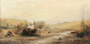 Beached Fishing Boats By A Stream With A Mill And Figures Beyond by William Edward Webb