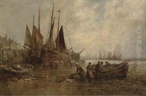 The Peel Fishing Fleet Unloading At Low Tide by William Edward Webb