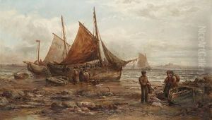 Trawlers From Castletown And Blythe Beached Across The Bay From Peel Castle, Isle Of Man