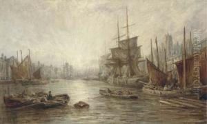 Fishing Boats In The Harbour At Dordrecht, Sunset by William Edward Webb