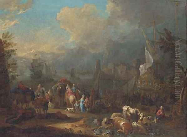 An Italianate harbour with peasants and elegant figures by a frigate - view 1