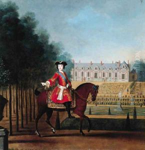 Portrait of a nobleman on horseback, a palace and gardens beyond