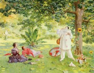Pierrot Entertaining In The Garden by Louis Adolphe Tessier