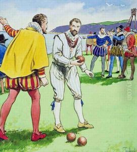 Sir Francis Drake 1540-3-96 playing bowls, from Peeps into the Past, published c.1900 by Trelleek