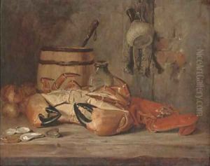 Crab, lobster and oysters with fish hanging to the side by Edward La Trobe Bateman
