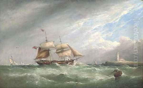 A merchant brig heaving-to off a lighthouse - view 1