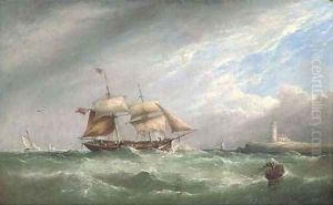 A merchant brig heaving-to off a lighthouse by Henry King Taylor